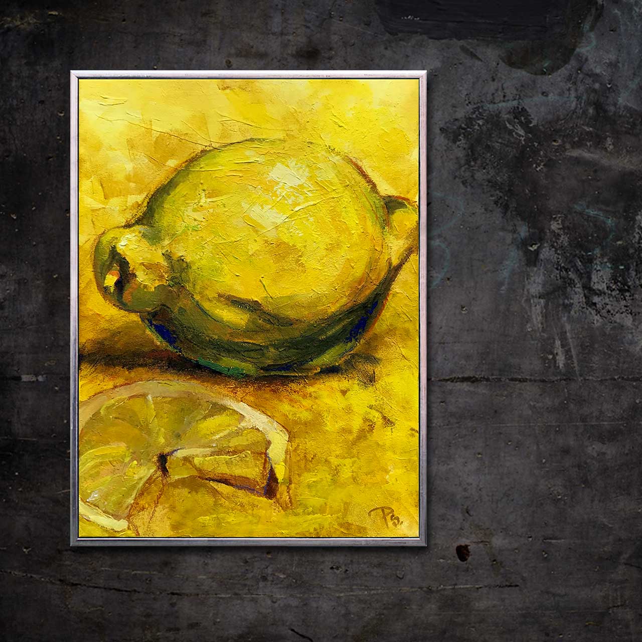 Citron gul på gul med citronskive 013 - malet af Peter Simonsen. Akryl og pastel på lærred. Format: 60 x 80 cm