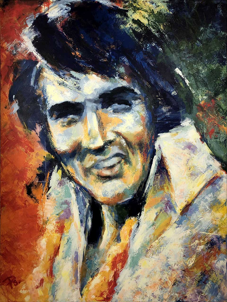 Portrætmaleri af Elvis Aaron Presley med titlen 'The King'. Maleriet er malet af den danske portrætmaler Peter Simonsen (PS)