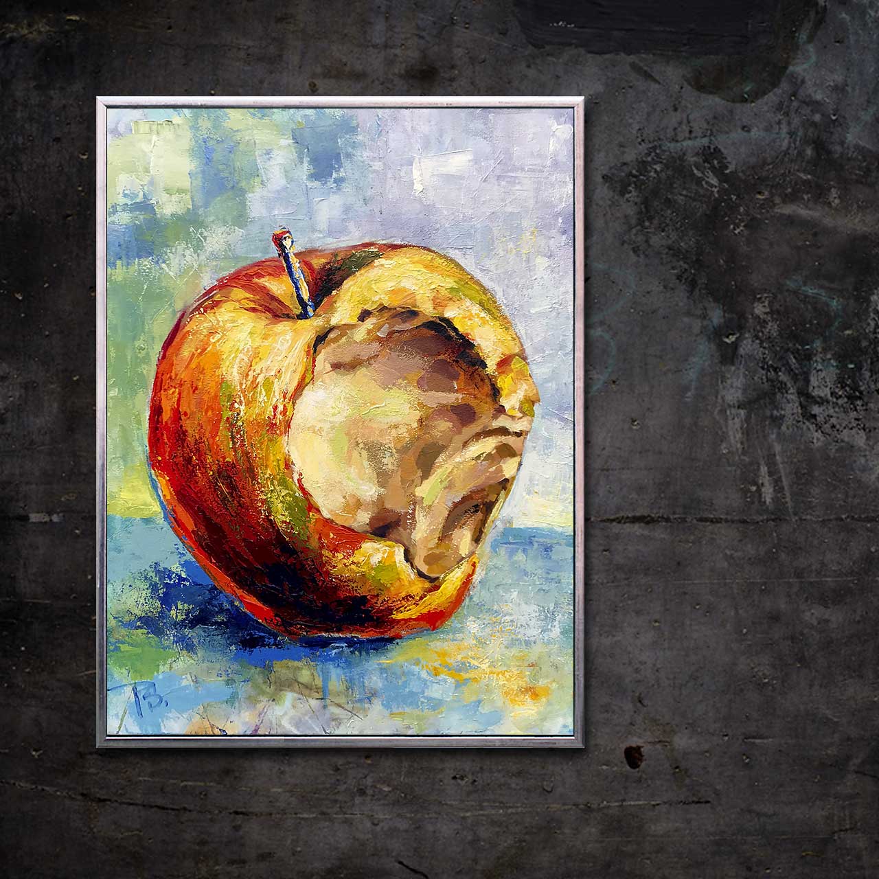 Æble med bid i og blå stilk 01 - malet af Peter Simonsen. Akryl og pastel på lærred. Format: 60 x 80 cm