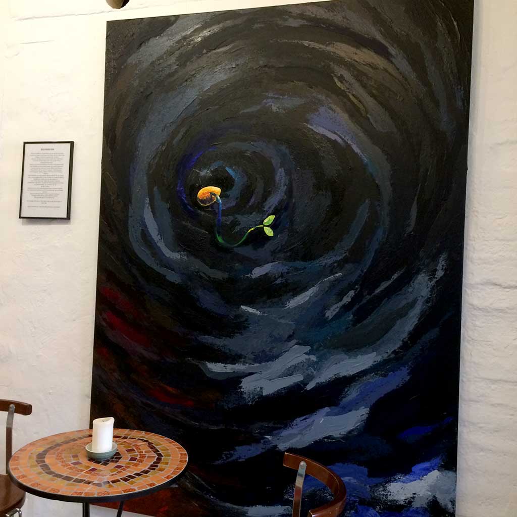 Maleriet med titlen 'The Creation RMS& Begyndelsen' er malet af billedkunstner Peter Simonsen. Akryl på lærred. Format: 130 x 180 cm