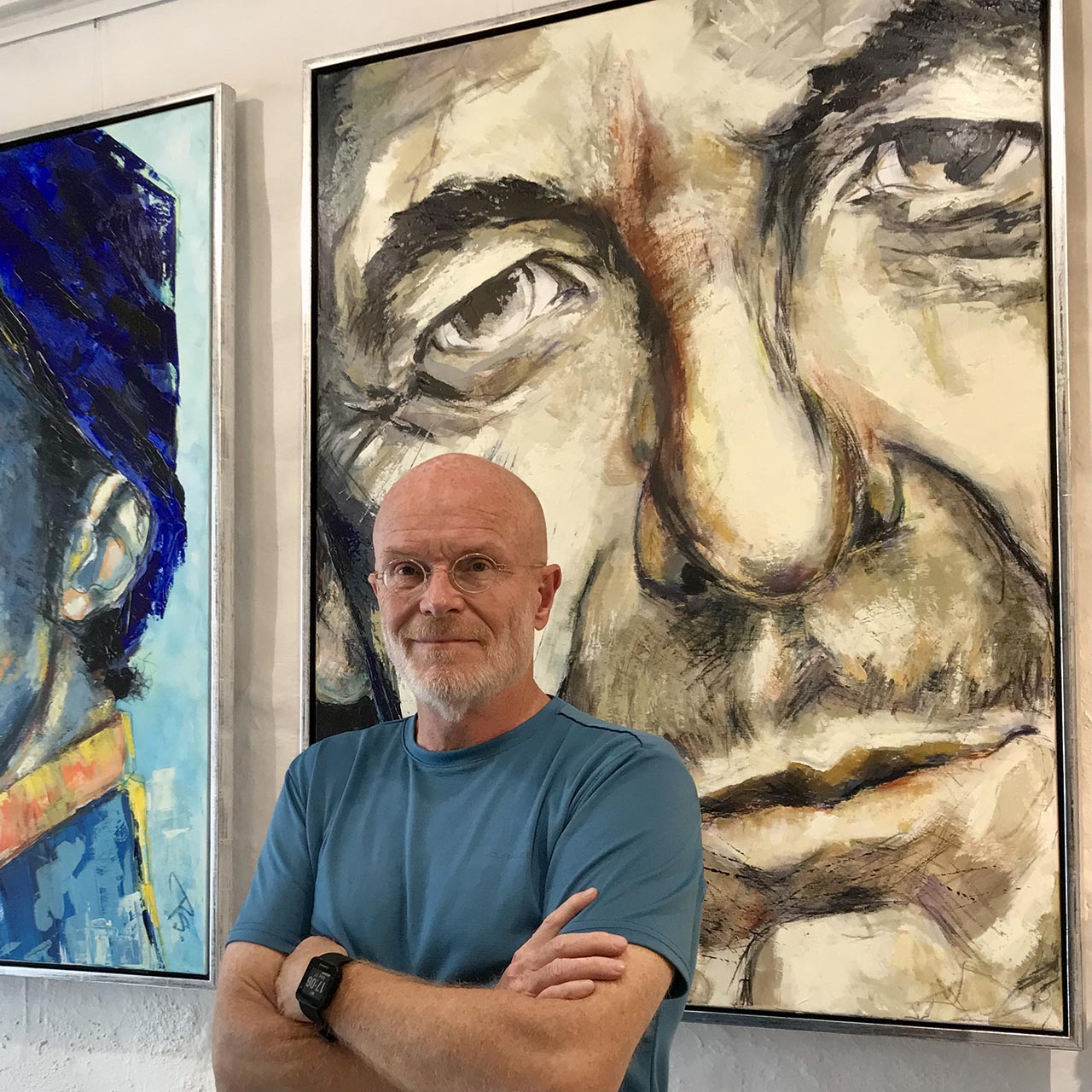 Leonard Cohen portrættet bærer titlen 'Anthem'. Format: 90 x 120 cm. Teknik: Mixed media. Malet af portrætmaler Peter Simonsen i 2020