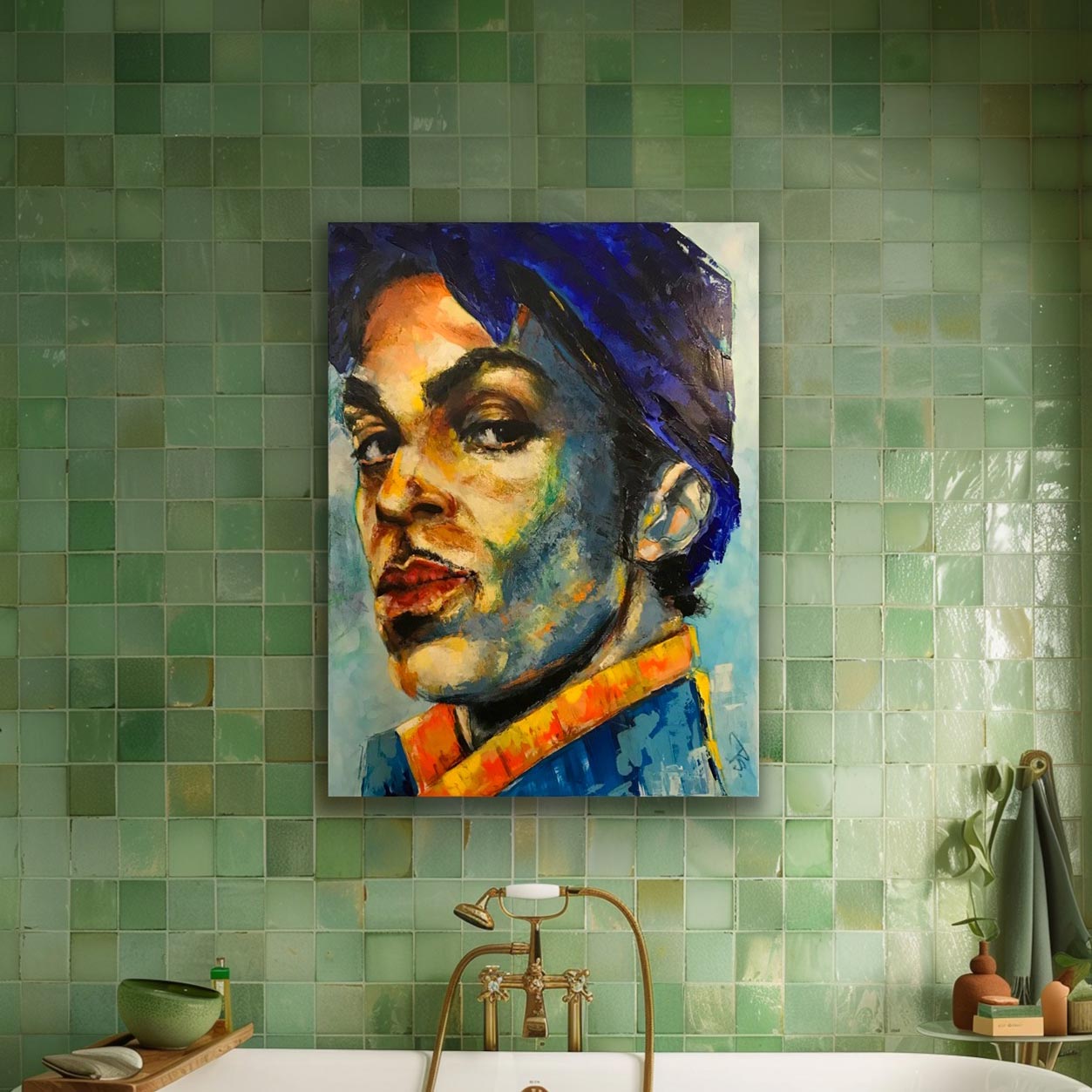 Portrætmaleri af musik ikonet Prince. Format: 90 x 120 cm. Teknikken er mixed media. Malet af portrætmaler Peter Simonsen i 2020