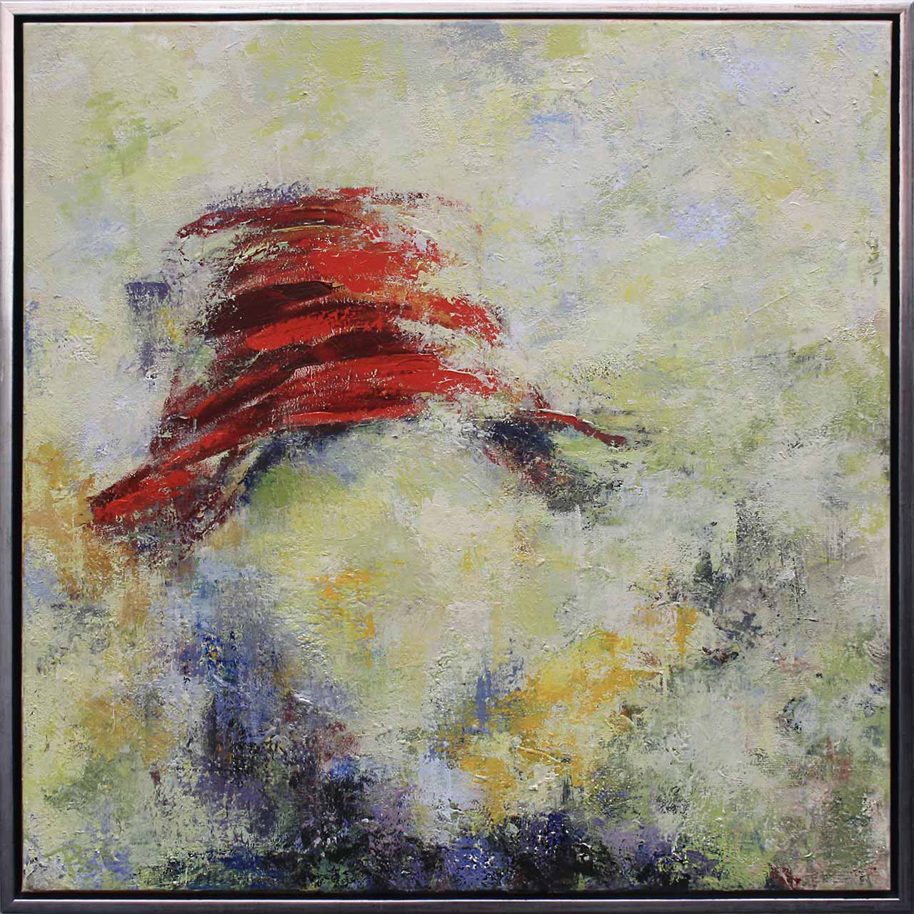Portrætmaleriet 'Den Røde Hat' af portrætmaler Peter Simonsen handler om erindringen om et møde. Akryl på lærred. Format: 80 x 80 cm